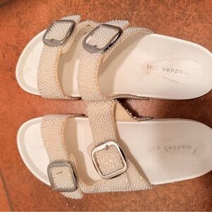 Madden Girl White Pearl Embellished Double-Buckle Slide Sandals